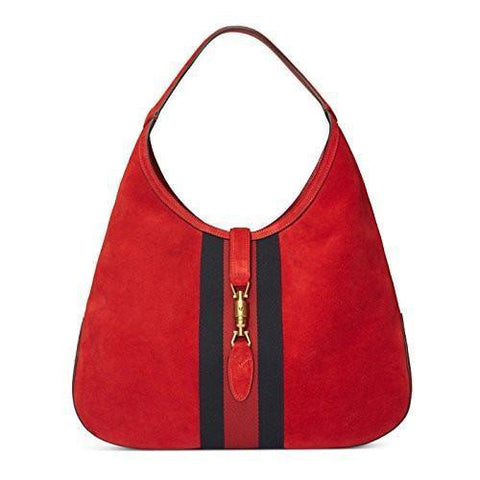 Red Soft Suede Web Stripe Jackie Shoulder Hobo Bag