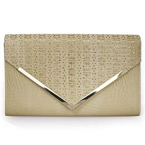 Pale Khaki Pu Alligator Skin Pattern Perforated Glitter Metal Accent Envelope Flap Clutch Handbag
