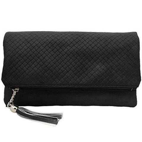 Midnight Black Textured Pu Faux Quilted Pattern Triple Compartment Zipper Tassel Fashion Clutch Handbag