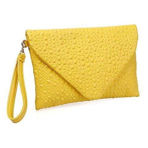 Unique Canary Yellow Faux Envelope Style Studded Square Circle Pattern Fashion Clutch