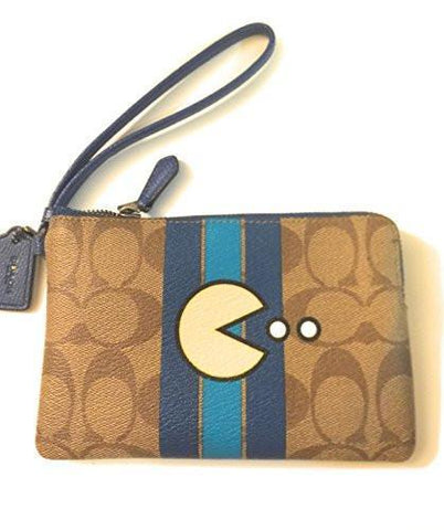 Pacman Striped Corner Zip Wristlet Khaki Denim