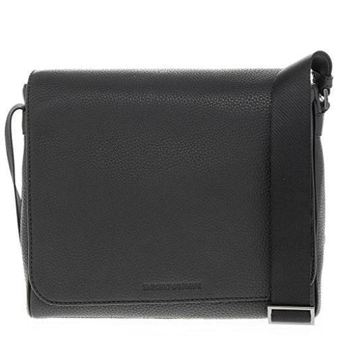 Foldover Snap Closure Grained Messenger Bag With Adjustable Shoulder Strap Black