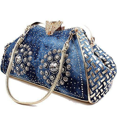 Coofit Denim Blue Knitted Top Handle Handbags With Shiny Rhinestone