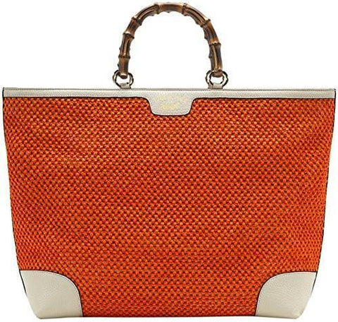 Orange Bamboo Shopper Hand Woven Straw Tote Large Shoulder Bag